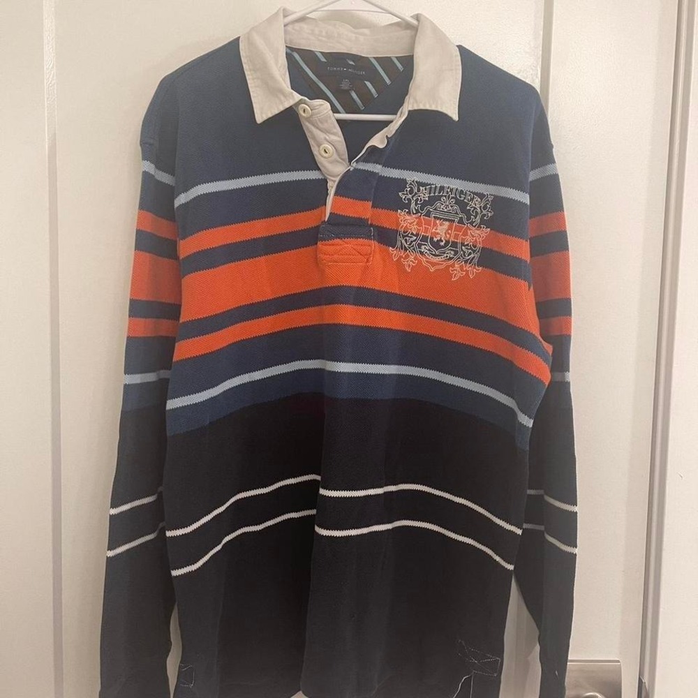 Retro Rugby Tommy Hilfiger Striped Orange Polo Shirt Long‎ Sleeved Preppy Sporty